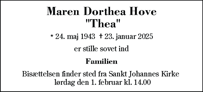 Dødsannonce for Maren Dorthea Hove