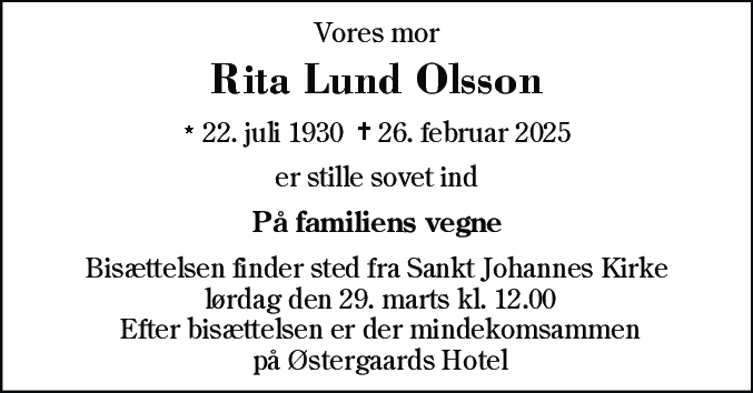 Dødsannonce for Rita Lund Olsson