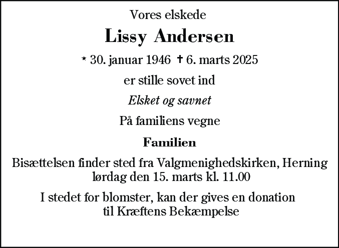Dødsannonce for Lissy Andersen