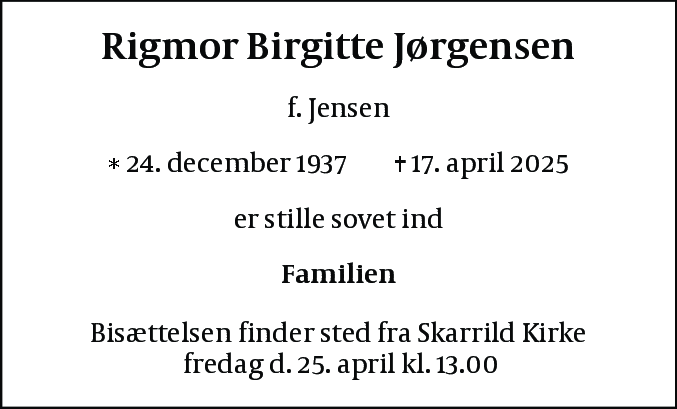 Dødsannonce for Rigmor Birgitte Jørgensen