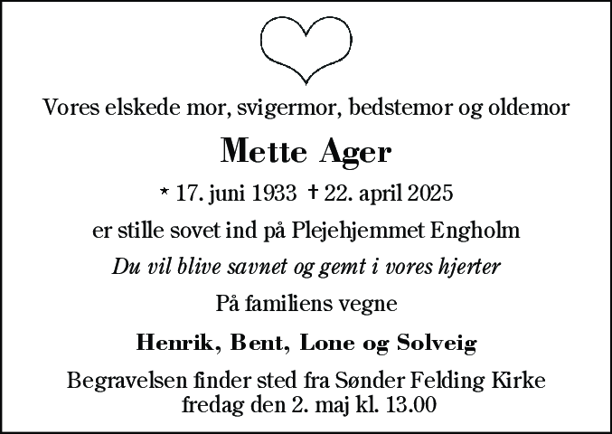 Dødsannonce for Mette Marie Ager