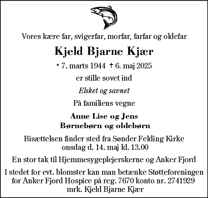 Dødsannonce for Kjeld Bjarne Kjær