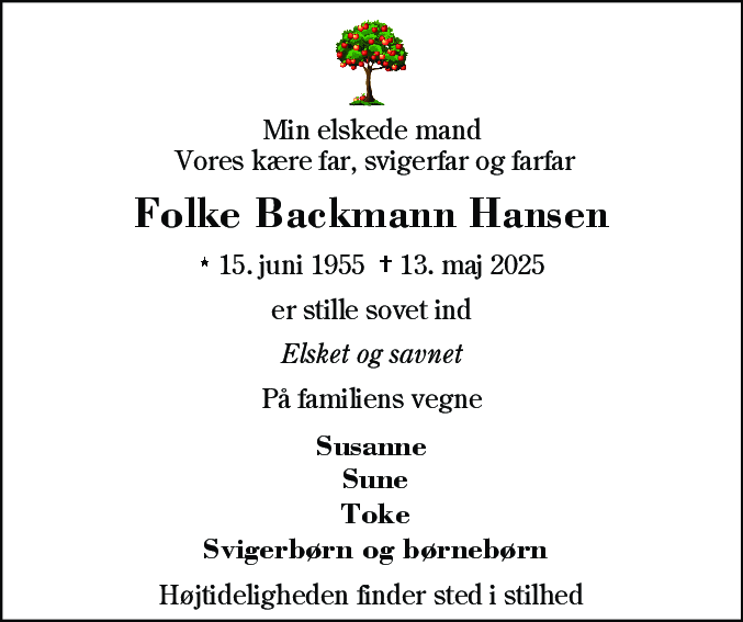 Dødsannonce for Folke Backmann Hansen