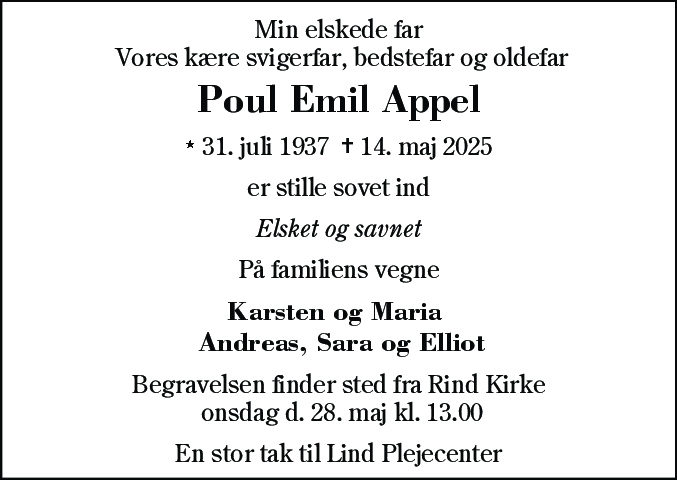 Dødsannonce for Poul Emil Appel