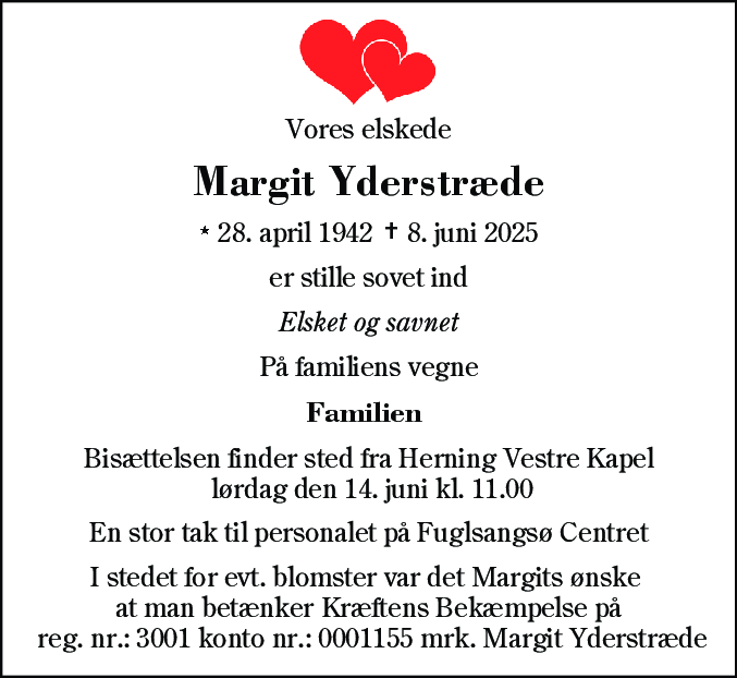 Dødsannonce for Margit Yderstræde