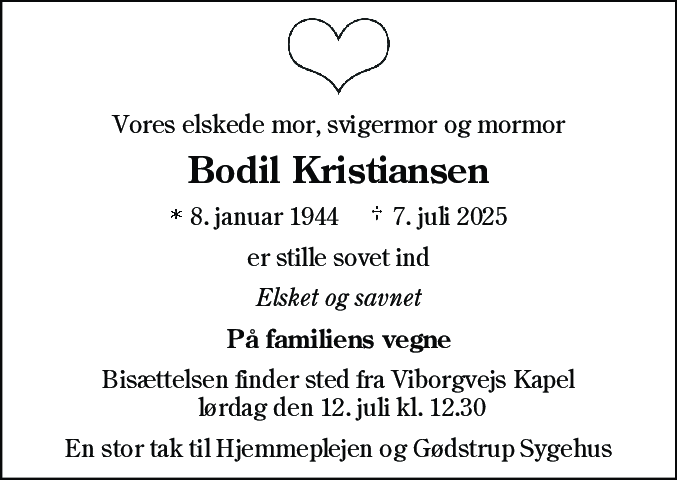 Dødsannonce for Bodil Kristiansen
