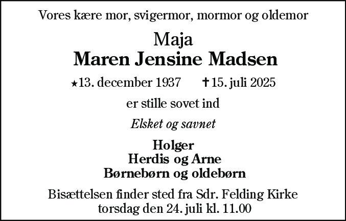 Dødsannonce for Maren Jensine Madsen