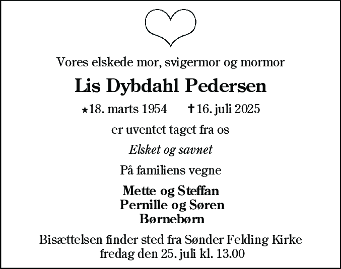 Dødsannonce for Lis Dybdahl Pedersen