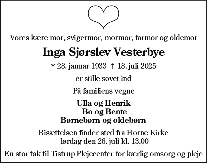 Dødsannonce for Inga Sjørslev Vesterbye