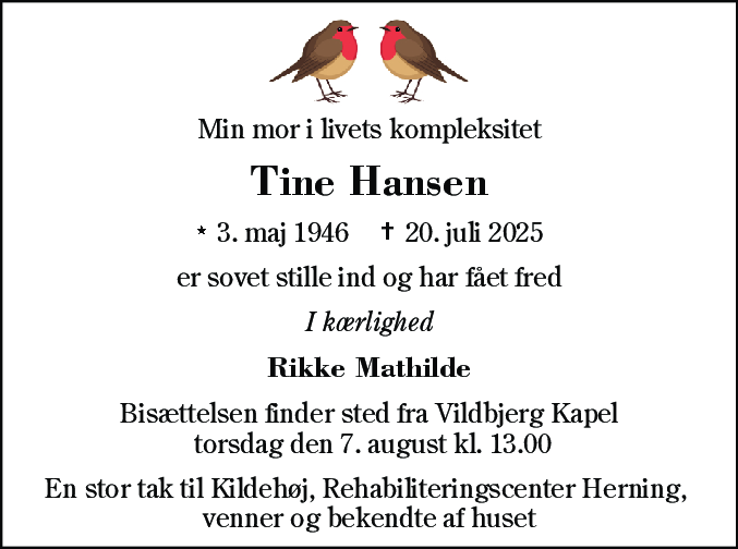 Dødsannonce for Tine Hansen