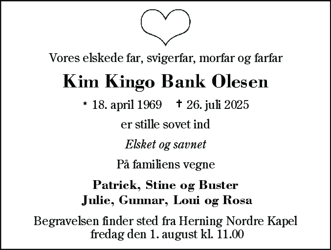 Dødsannonce for Kim Kingo Bank Olesen