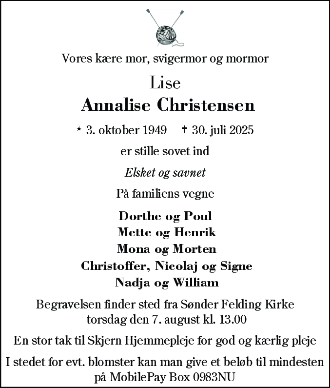 Dødsannonce for Annalise Christensen