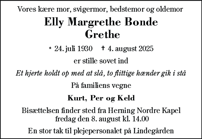 Dødsannonce for Elly Margrethe Bonde