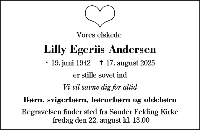 Dødsannonce for Lilly Egeriis Andersen