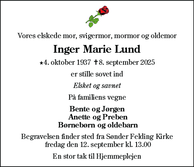 Dødsannonce for Inger Marie Lund