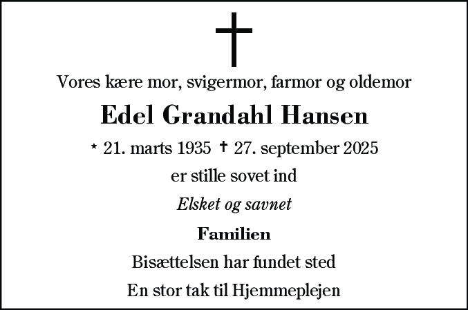 Dødsannonce for Edel Grandahl Hansen