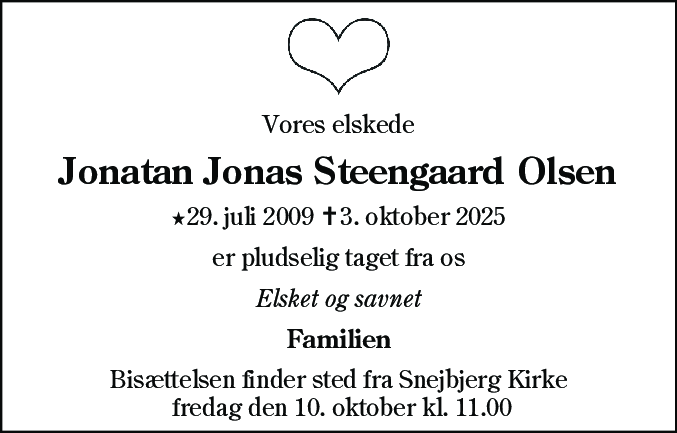 Dødsannonce for Jonatan Jonas Steengaard Olsen