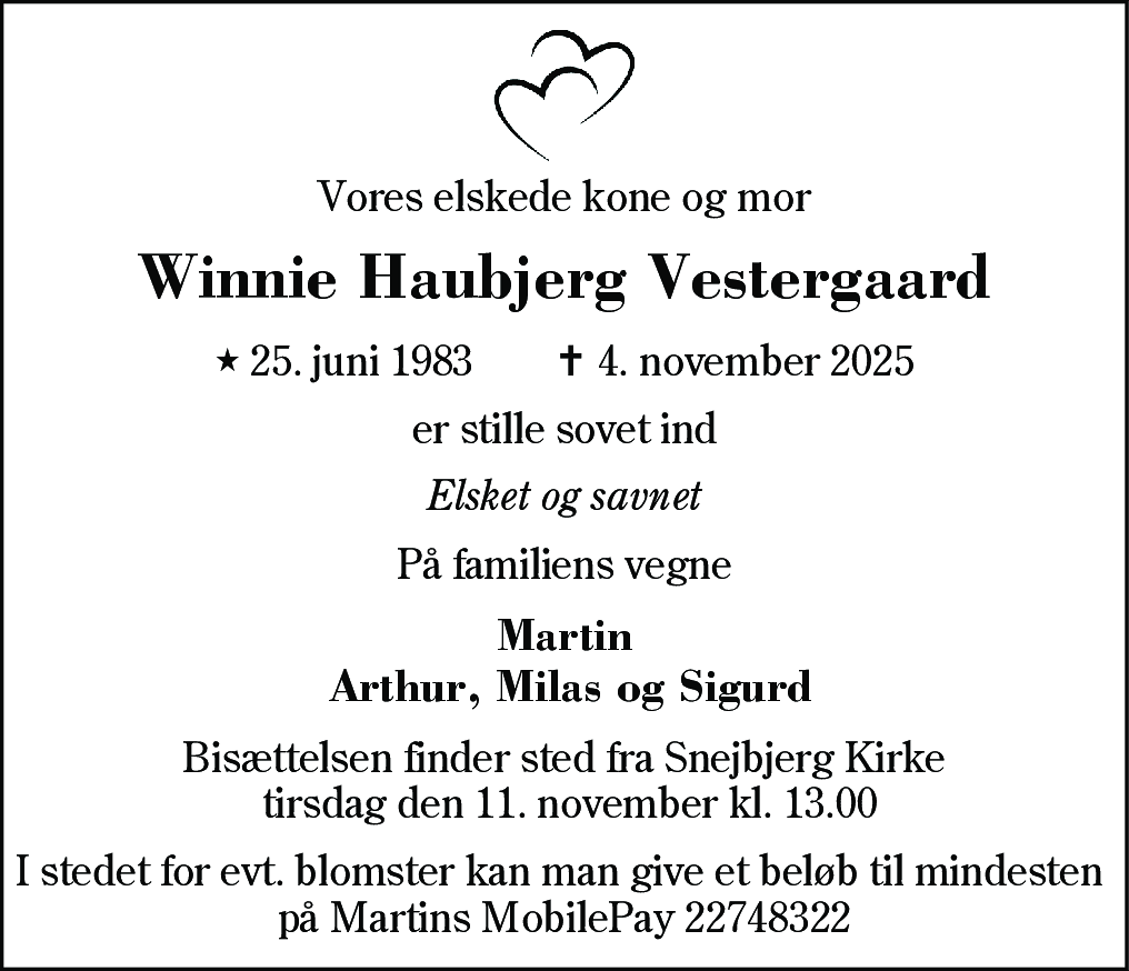 Dødsannonce for Winnie Haubjerg Vestergaard