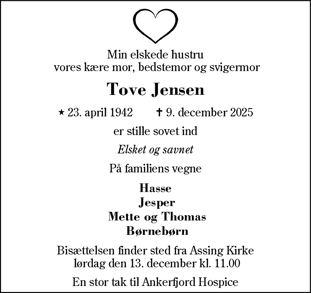 Dødsannonce for Tove Jensen