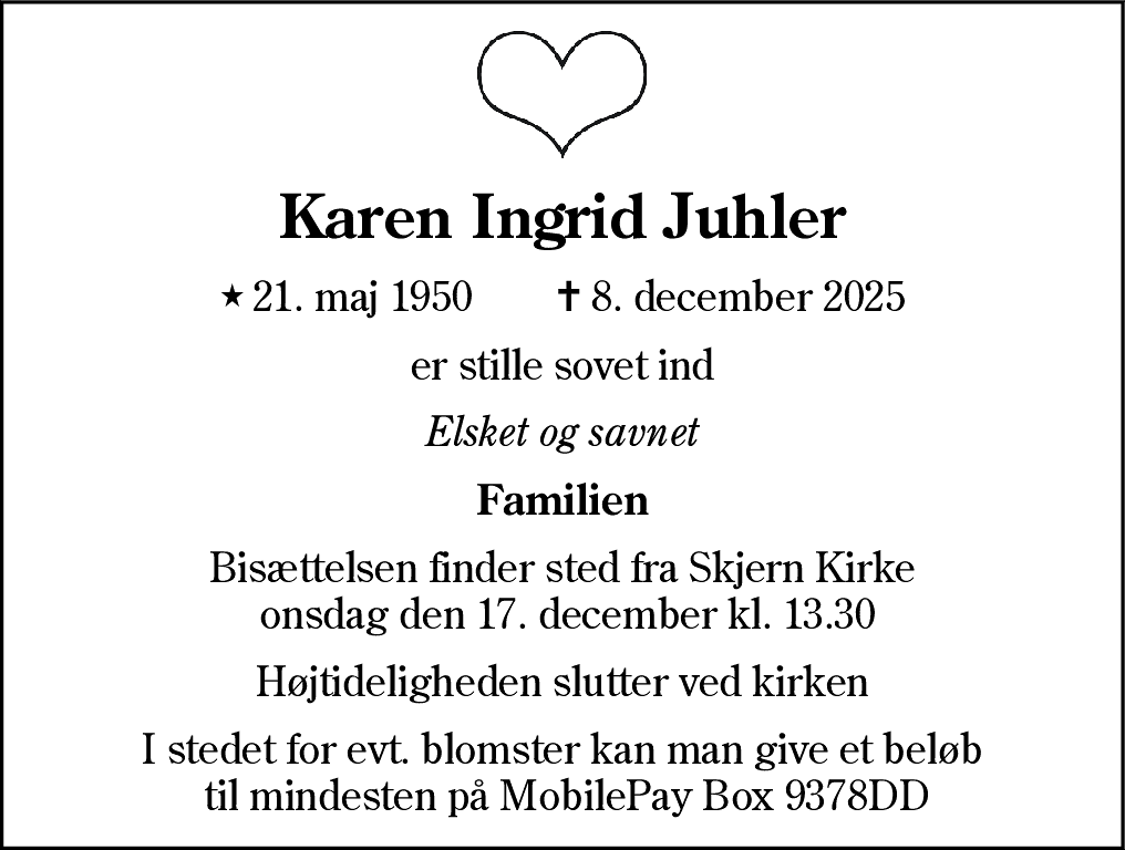 Dødsannonce for Karen Ingrid Juhler