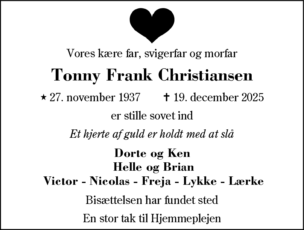 Dødsannonce for Tonny Frank Christiansen