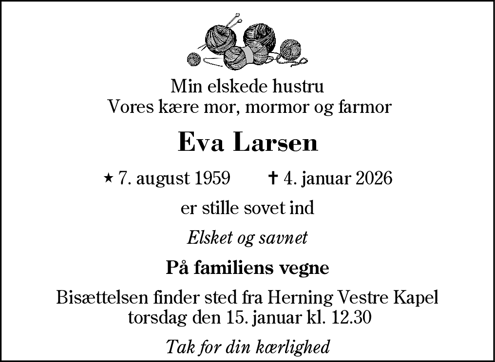 Dødsannonce for Eva Larsen