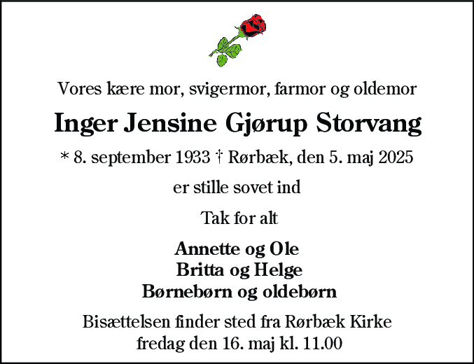 Dødsannonce for Inger Jensine Gjørup Storvang