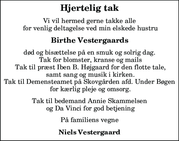 Dødsannonce for Birthe Vestergaard