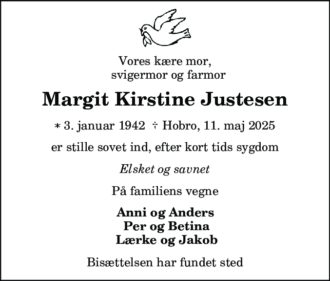 Dødsannonce for Margit Kirstine Justesen