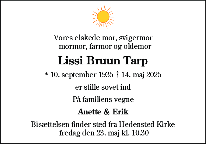 Dødsannonce for Lissi Bruun Tarp