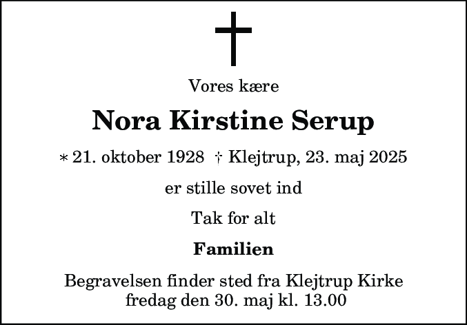 Dødsannonce for Nora Kirstine Serup