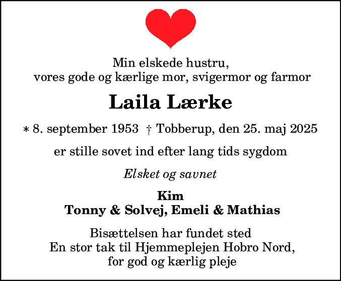 Dødsannonce for Laila Lærke