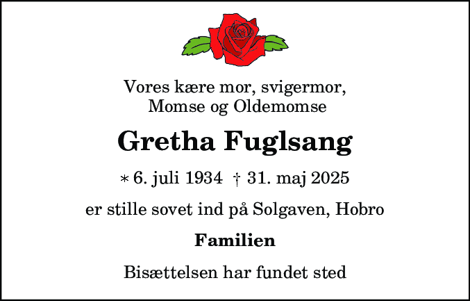 Dødsannonce for Gretha Fuglsang