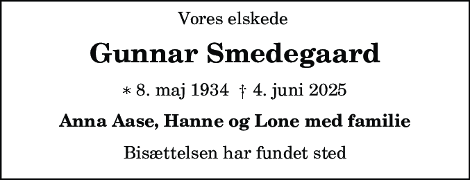 Dødsannonce for Gunnar Smedegaard