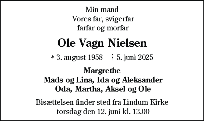 Dødsannonce for Ole Vagn Nielsen