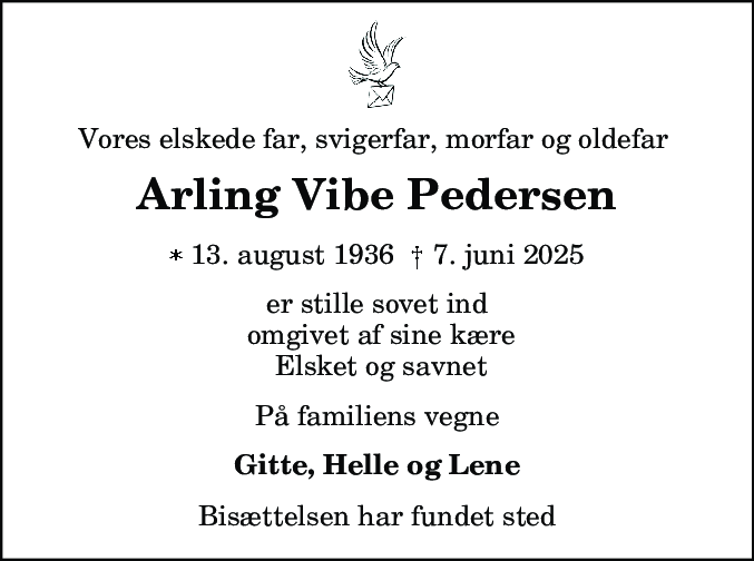 Dødsannonce for Arling Vibe Pedersen
