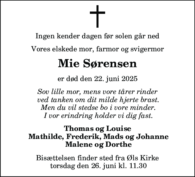 Dødsannonce for Mie Sørensen