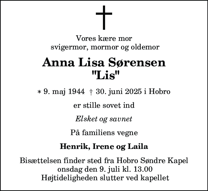Dødsannonce for Anna Lisa Sørensen