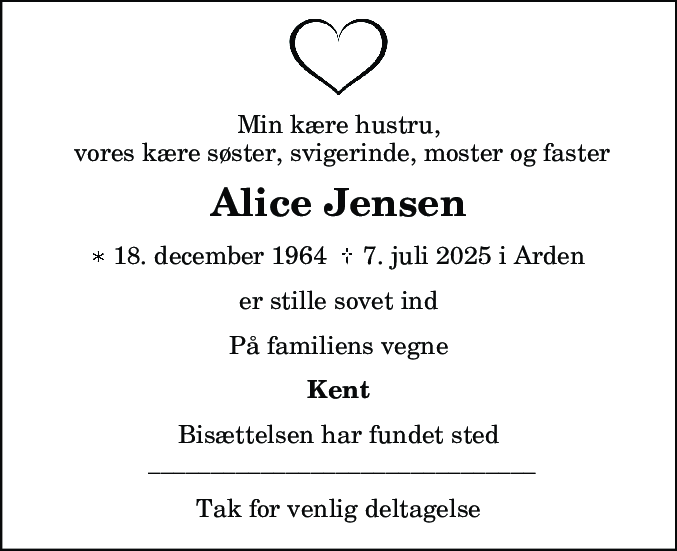Dødsannonce for Alice Jensen