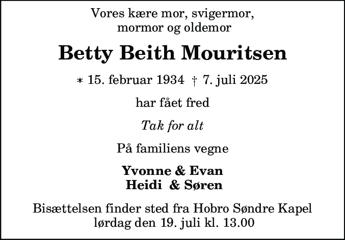Dødsannonce for Betty Beith Mouritsen