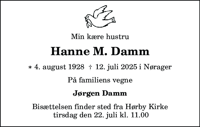 Dødsannonce for Hanne Margrethe Damm