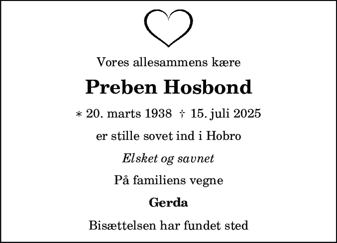 Dødsannonce for Preben Hosbond