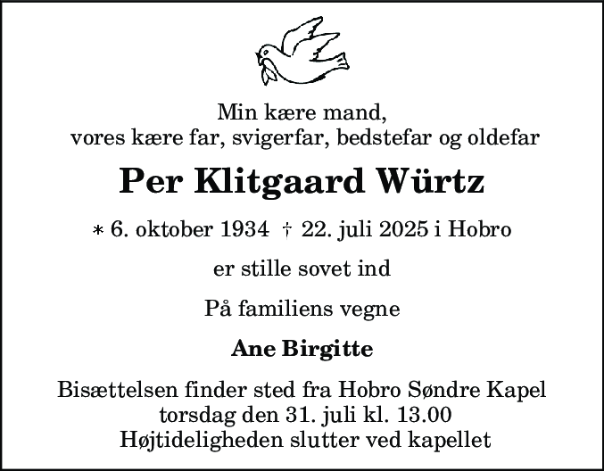 Dødsannonce for Per Klitgaard Würtz