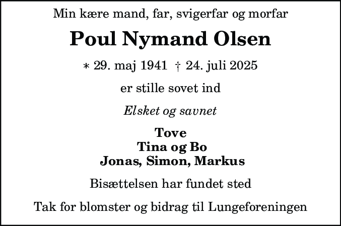 Dødsannonce for Poul Nymand Olsen