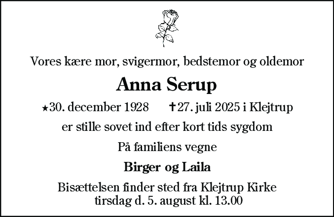 Dødsannonce for Anna Serup
