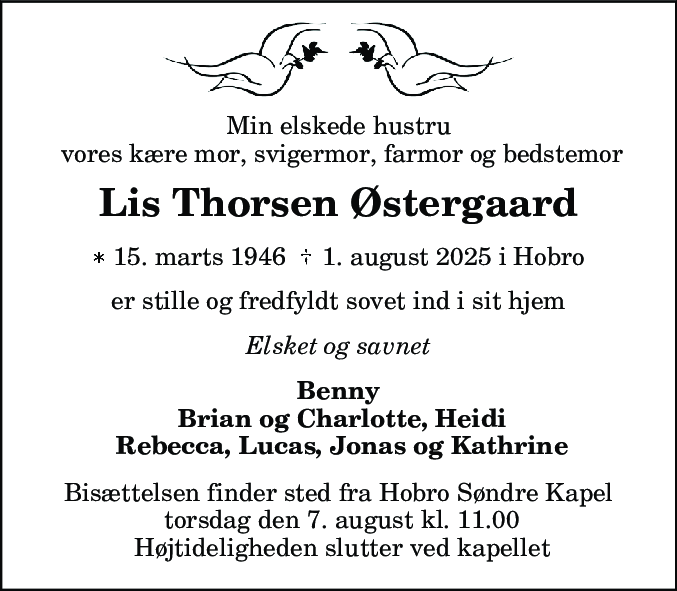Dødsannonce for Lis Thorsen Østergaard