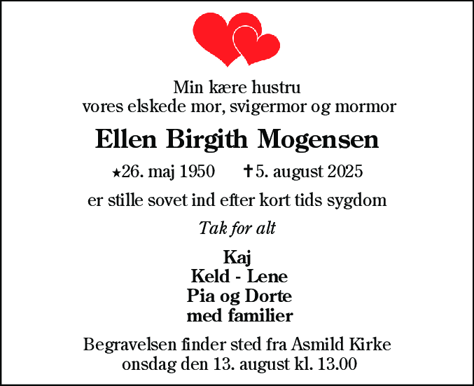 Dødsannonce for Ellen Birgith Mogensen