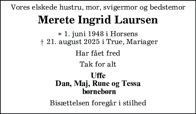 Dødsannonce for Merete Ingrid Laursen