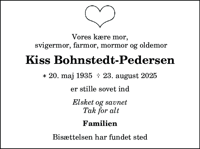 Dødsannonce for Kiss Bohnstedt-Pedersen