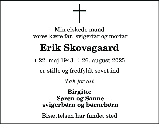 Dødsannonce for Erik Skovsgaard